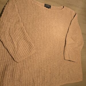 Ralph Lauren Women's Tan Crew Neck Sweater, Open Knit Linen/Cotton, 3/4 Sleeve